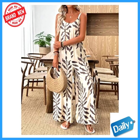 Large Wide Leg Jumpsuit Spaghetti Strap Boho Romper with Pockets - Picture 5 of 5